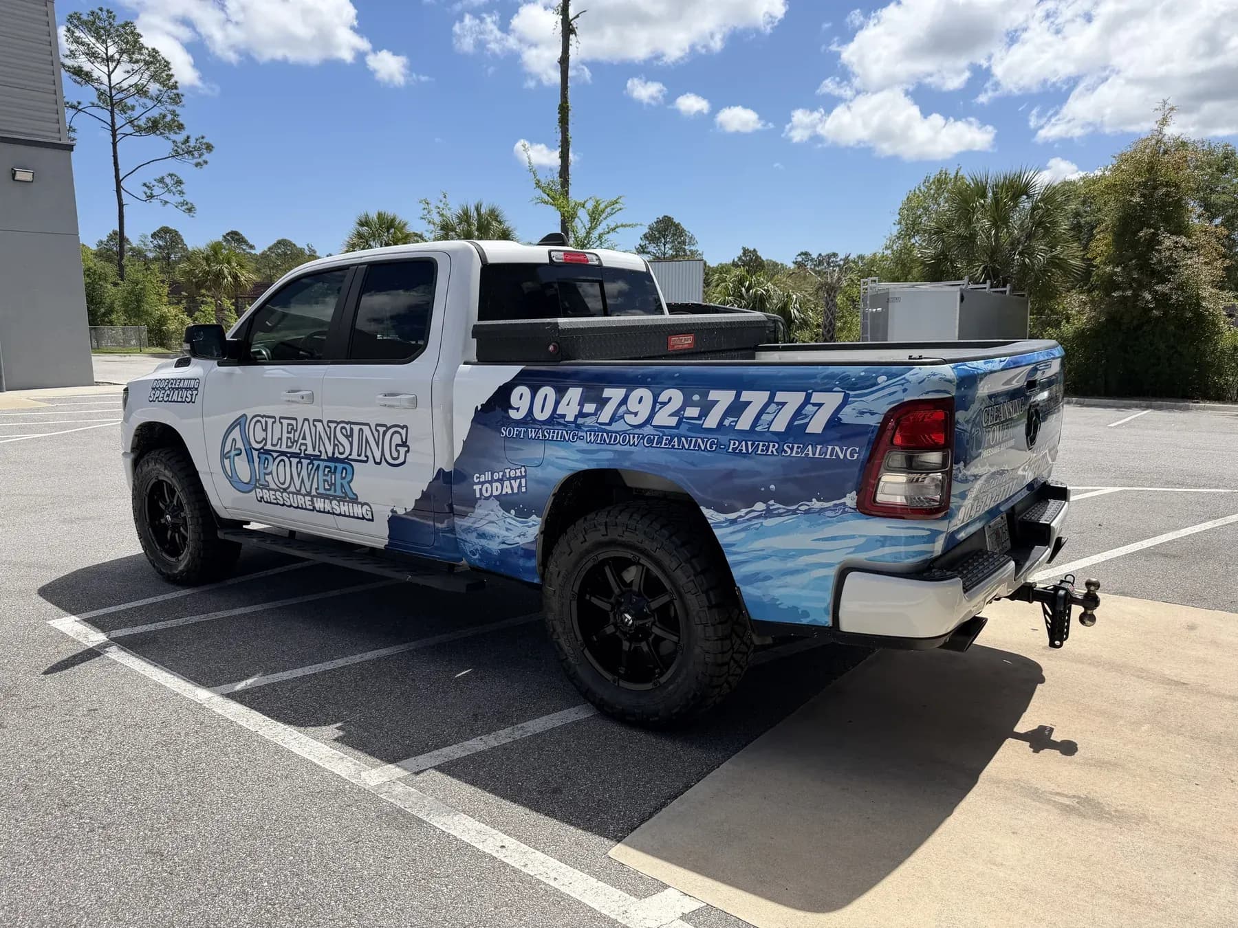 Cleansing Power blue partial wrap on a commercial pickup truck