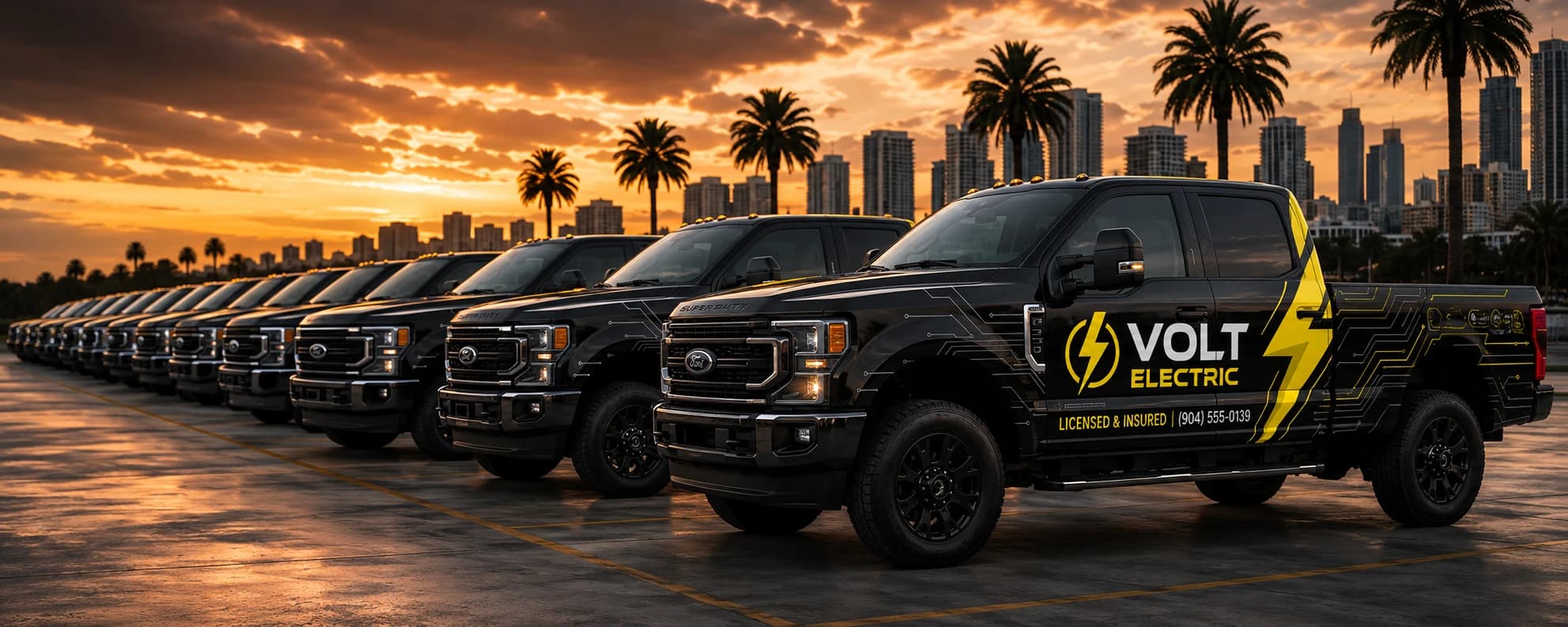 Coordinated Volt Electric work truck fleet at sunset