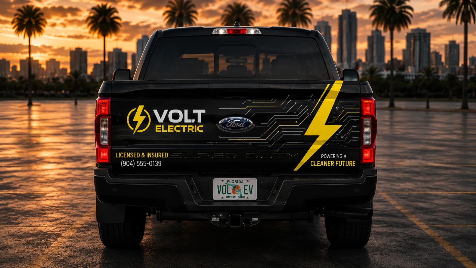 Rear view of a wrapped Volt Electric fleet truck