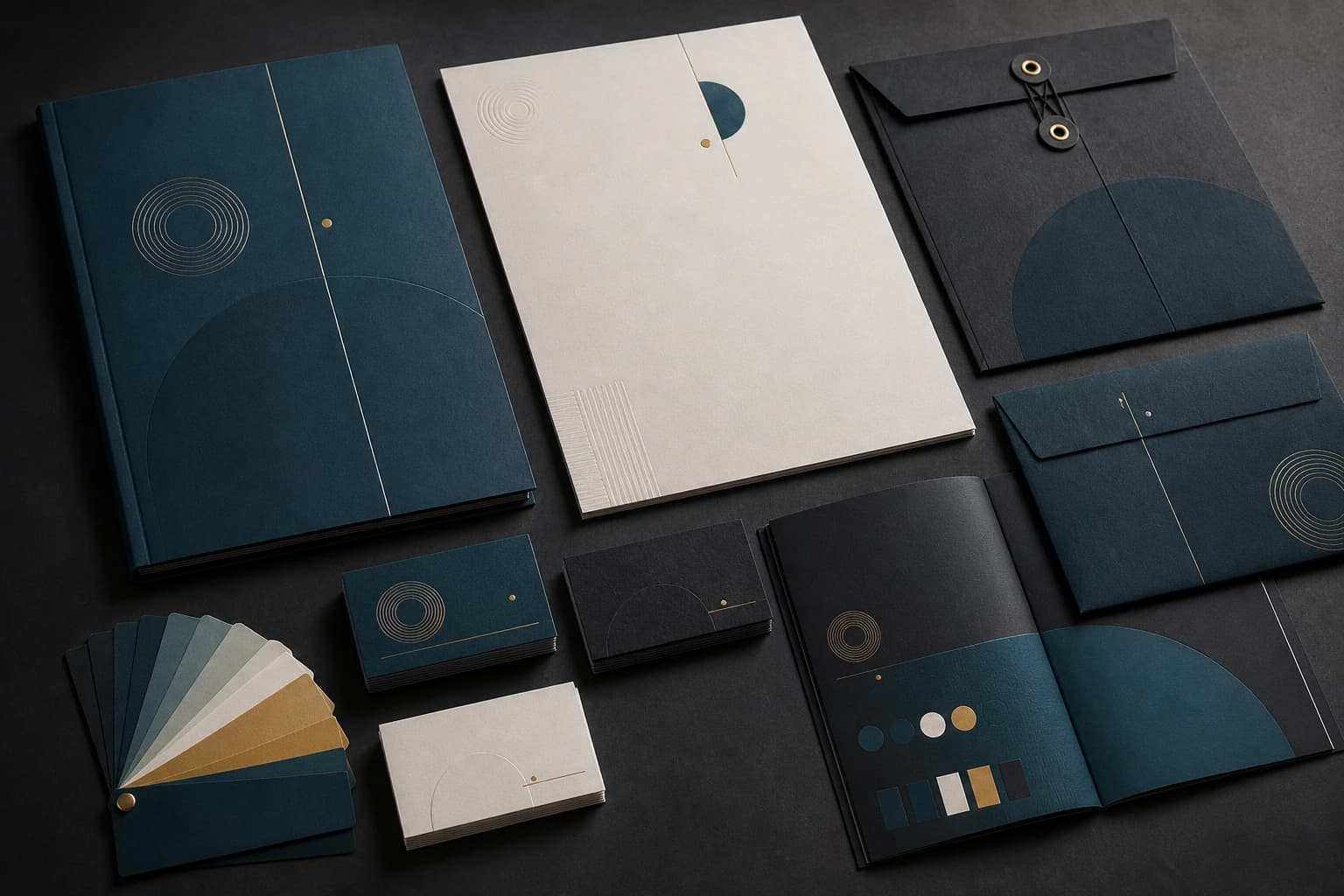 Premium commercial brand identity materials including business cards, letterhead, color swatches, and a brand guide