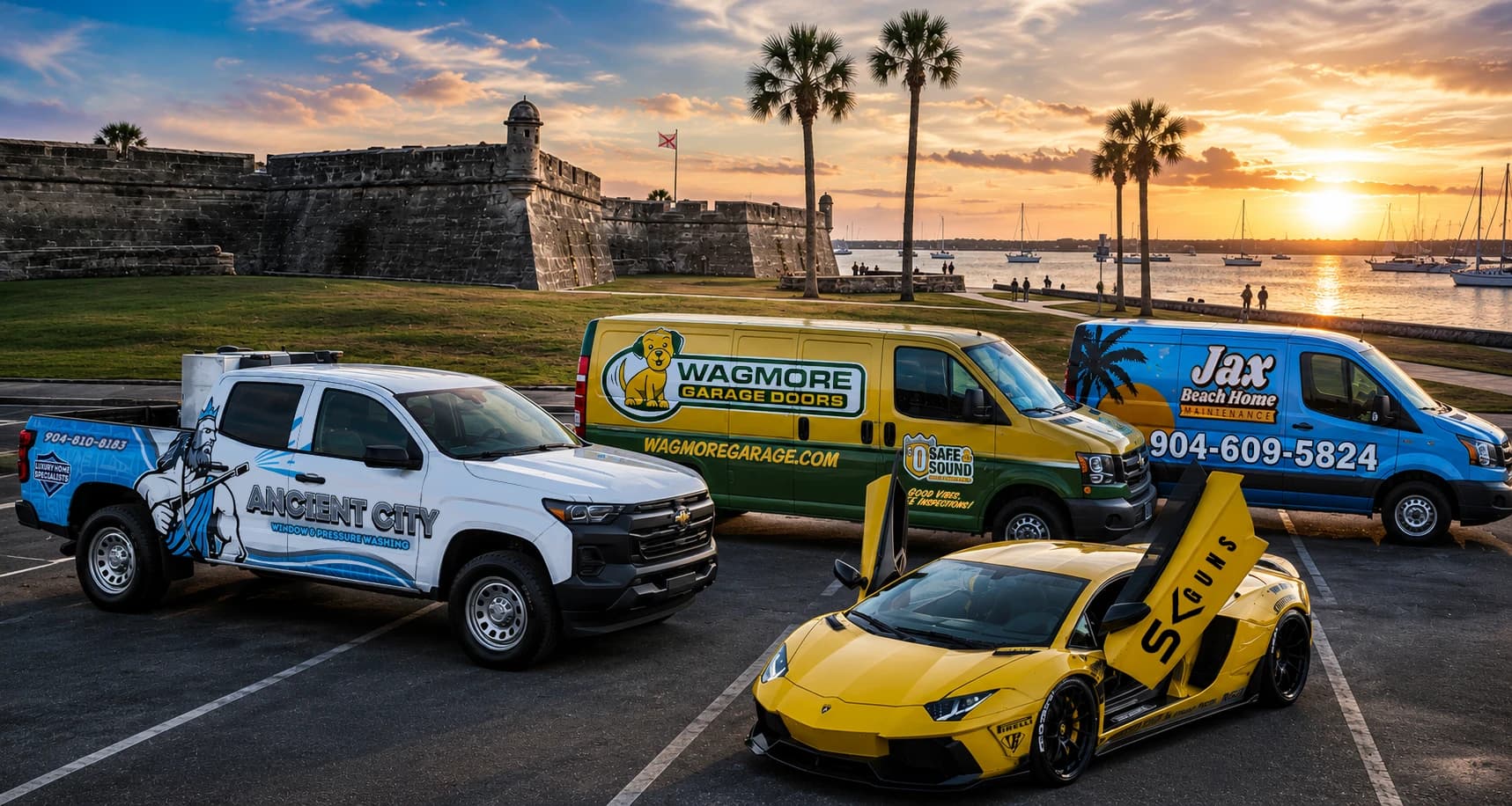 Luna Labs commercial vehicles and wrapped Lamborghini overlooking the St. Augustine waterfront at sunset