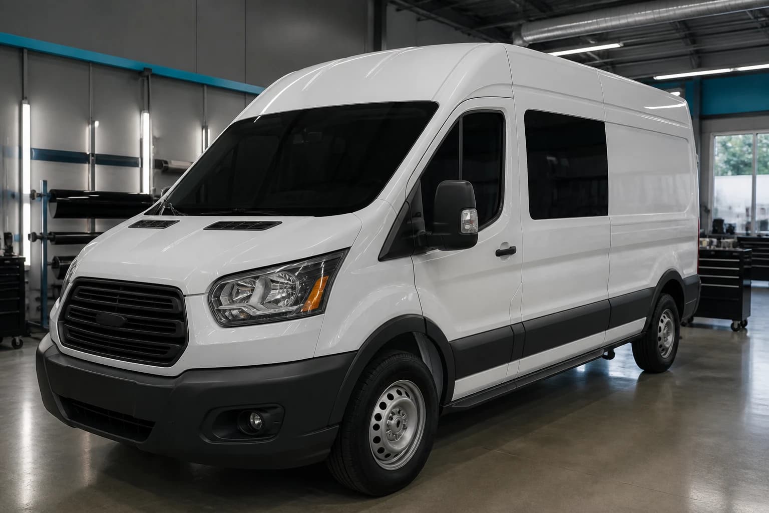 Unbranded white commercial work van with professionally tinted cab glass in a clean installation shop