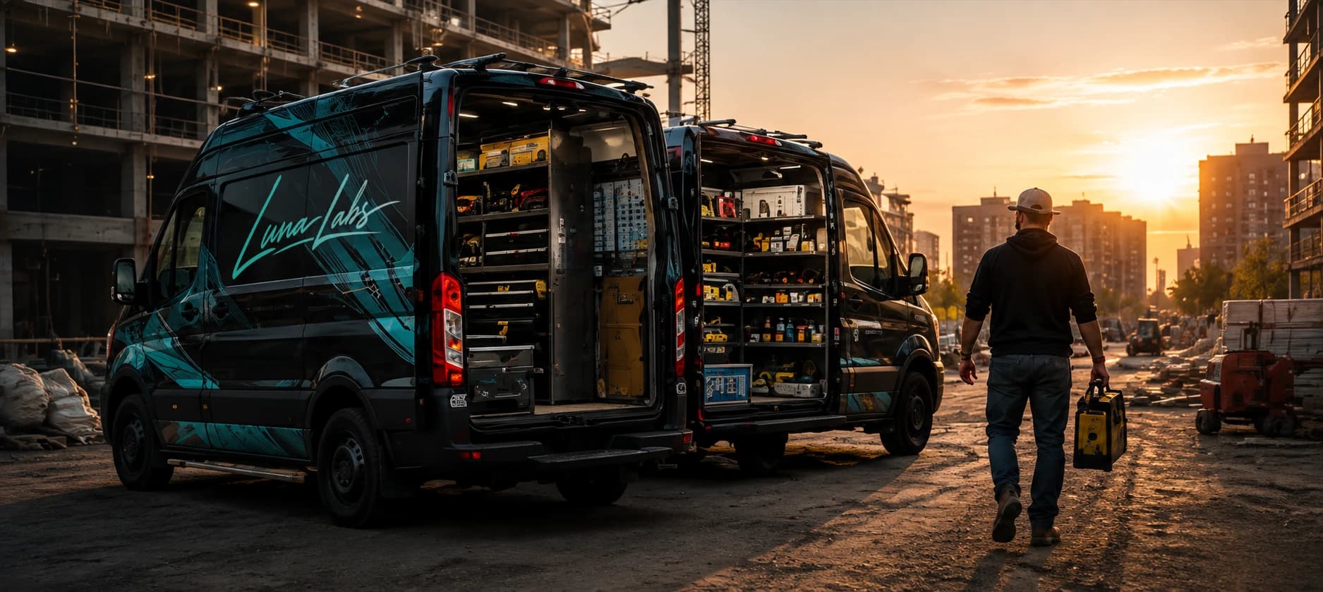 Luna Labs commercial van with an installed storage system at a construction site