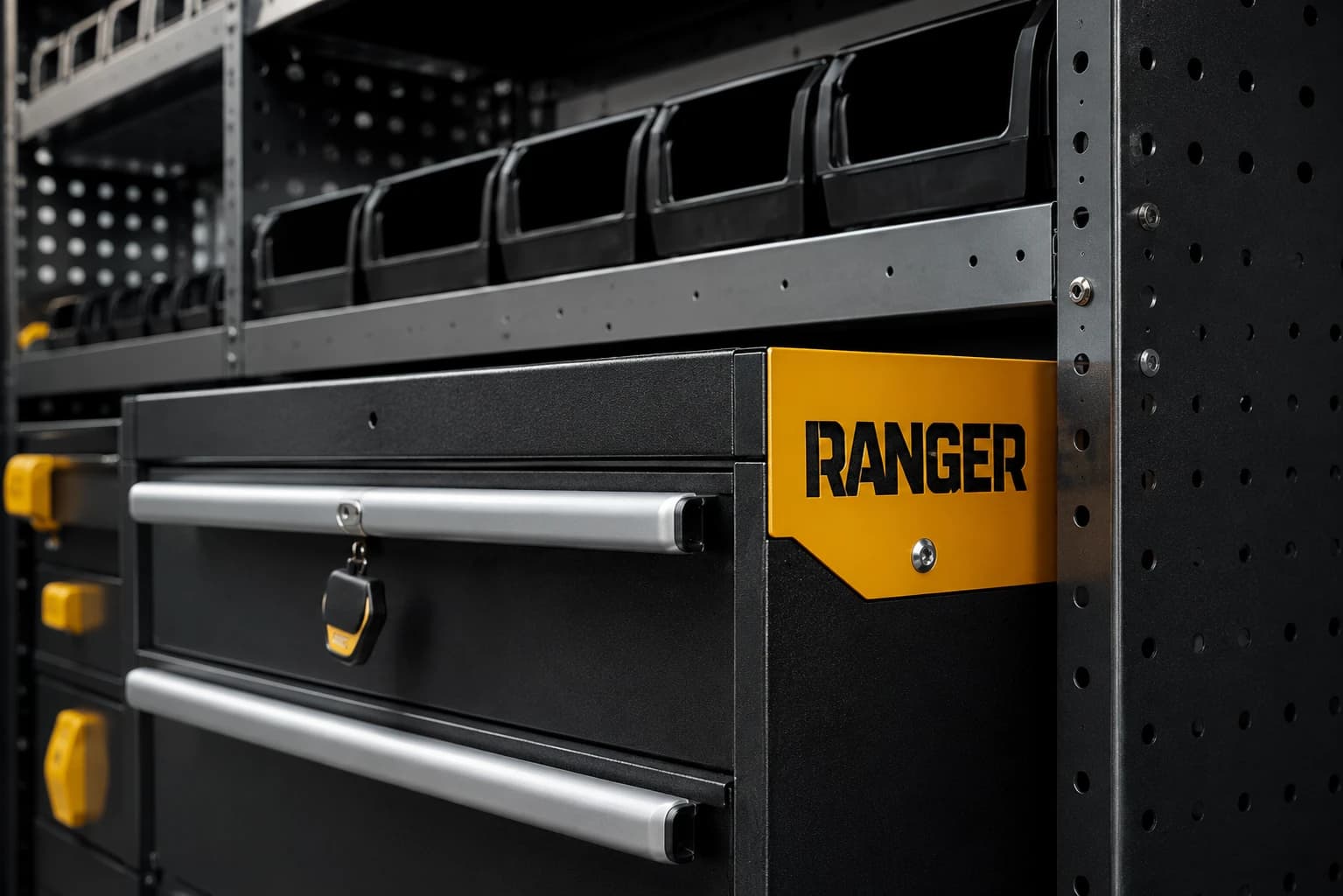 Ranger Design shelving and drawer system installed in a commercial van
