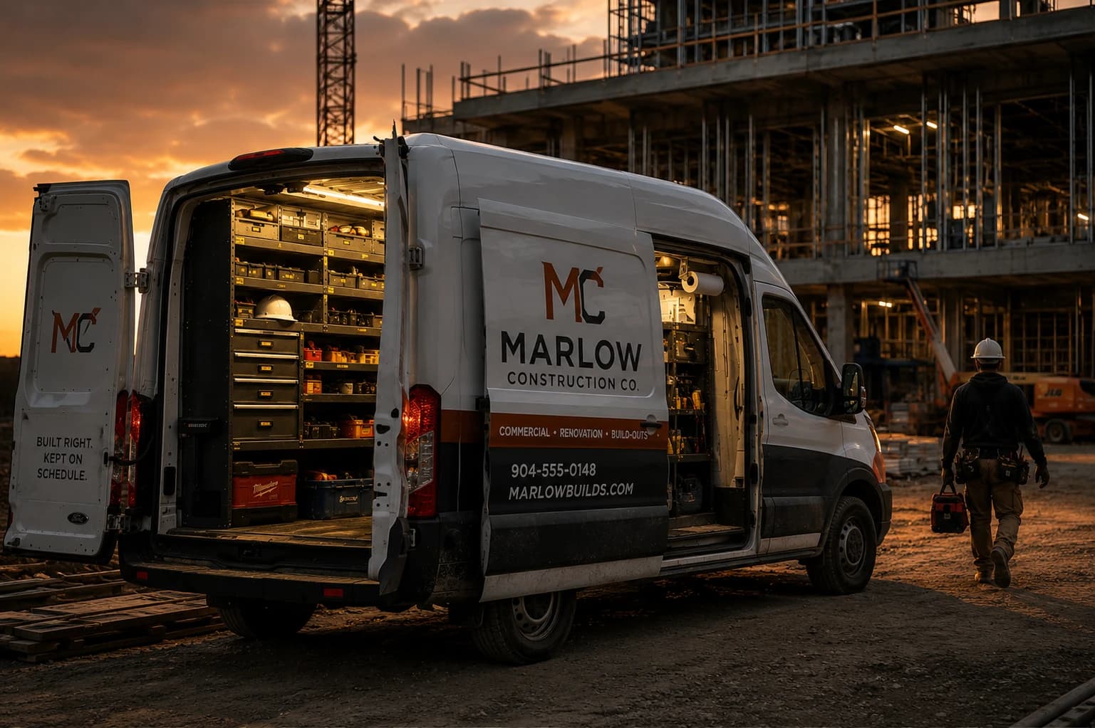 Commercial work van with an organized shelving and storage system at a job site