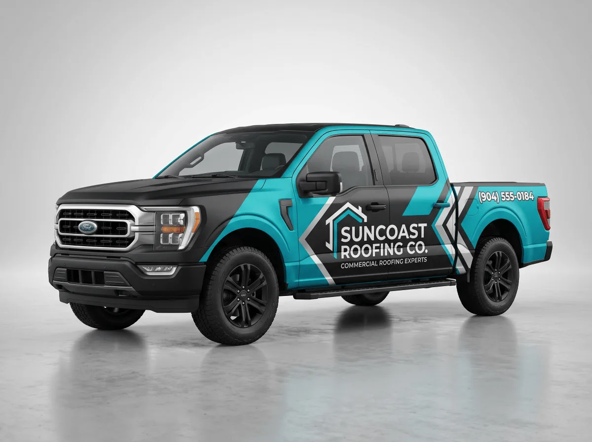 Suncoast Roofing branded commercial pickup truck