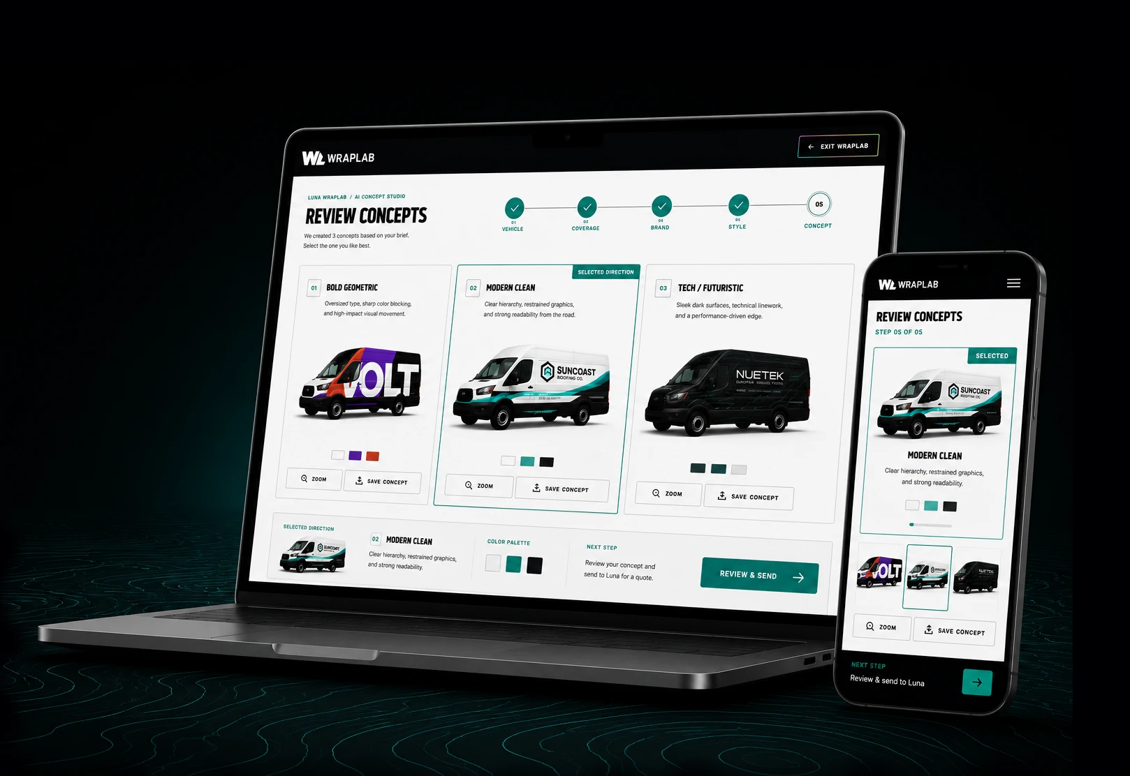 WrapLab concept review experience shown on laptop and mobile screens