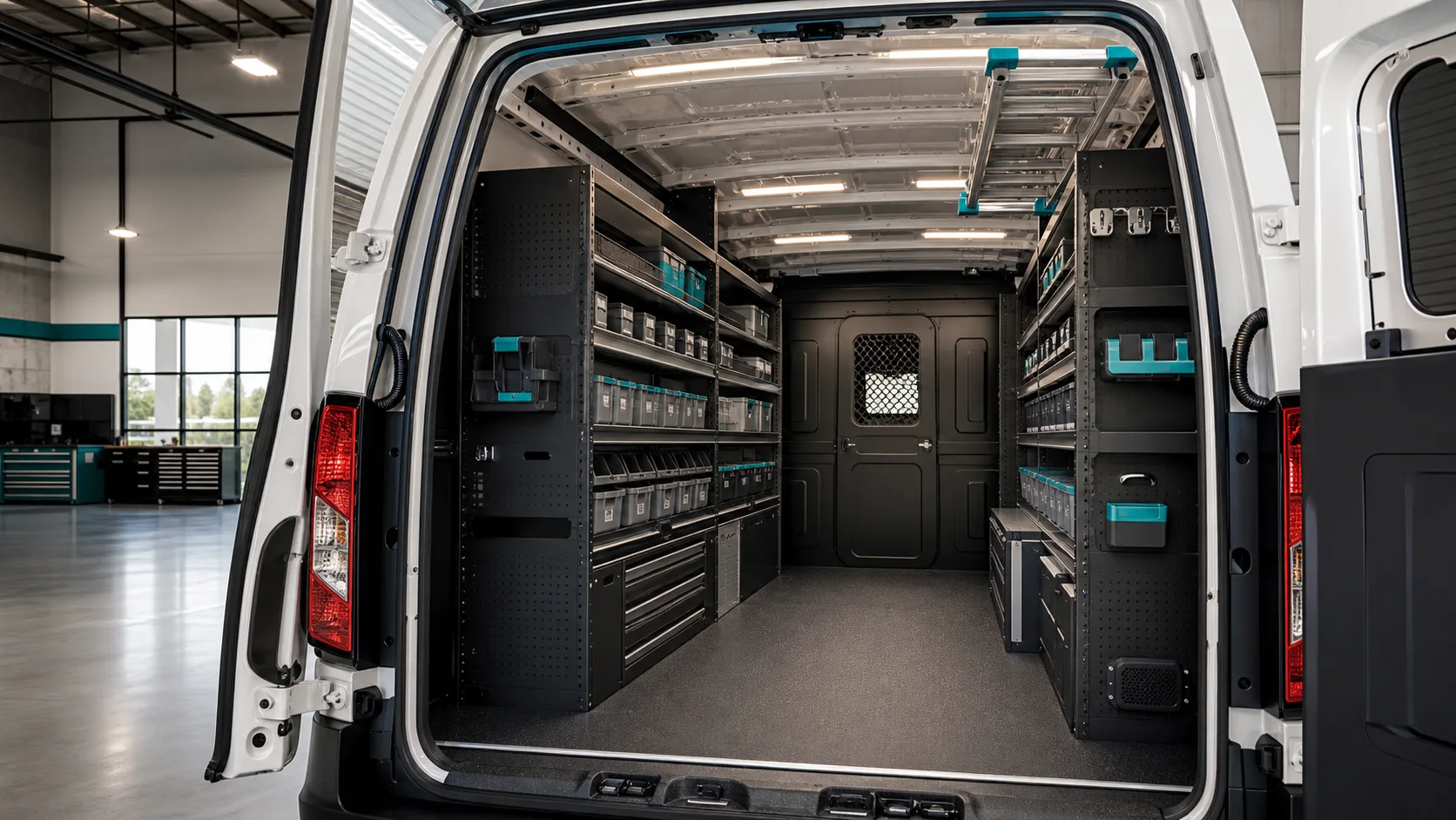 Organized commercial van interior with shelving, storage, and lighting